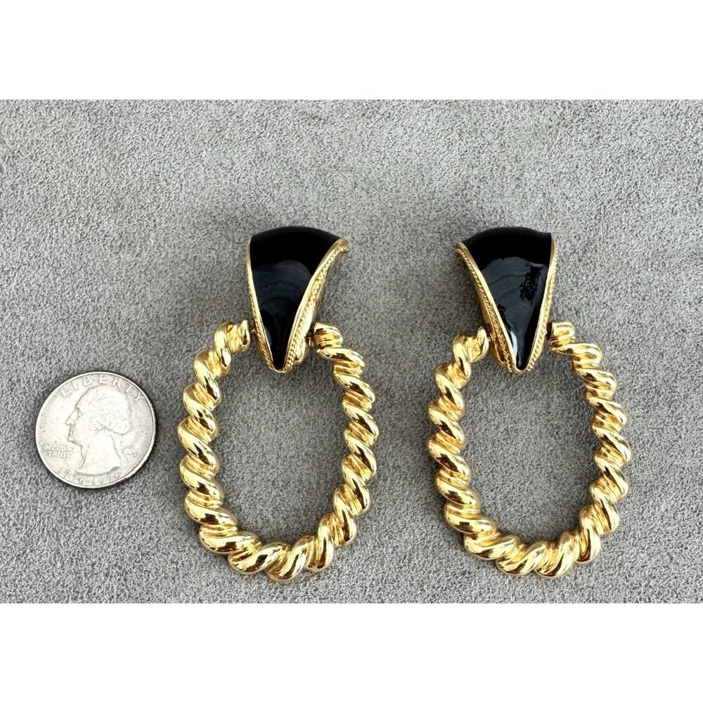 Vtg BIG St John Articulated SPIRAL HOOP EARRINGS 2.75" CLIPS Gold Ovals + Black